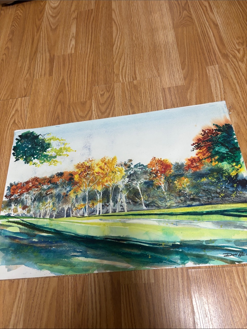 Watercolor Landscape Signed Original with Green, Yellow, Orange Trees